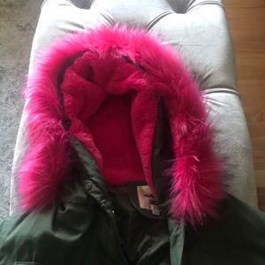 Girls large down coat with pink fur in the hood